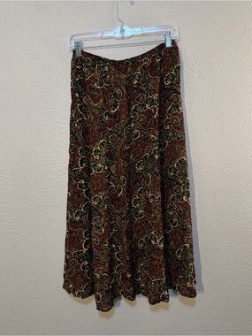 Liz Baker Paisley Midi Skirt in Burgundy, Green, and Cream